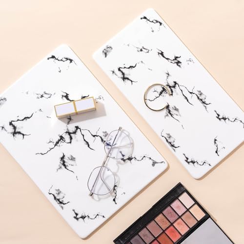 2 Tier Bathroom Cabinet Countertop Organizer Perfume Lipstick Makeup Organizer Cosmetics Storage Display Rack Vanity Tray Metal Dresser Storage Shelf White Marble Ceramic Tray Black - Image 4