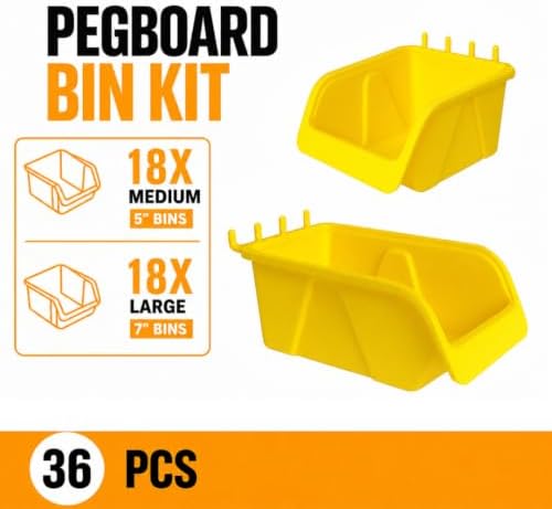 WALLPEG 36 Pack Pegboard Bin Kit – 18 Medium & 18 Large Yellow Peg Board Storage Bins | Parts Organizer for Garage, Workshop, Craft Room, Office & Workbench | Pegboard Accessory Organier | MADE IN USA - Image 2