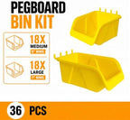 WALLPEG 36 Pack Pegboard Bin Kit – 18 Medium & 18 Large Yellow Peg Board Storage Bins | Parts Organizer for Garage, Workshop, Craft Room, Office & Workbench | Pegboard Accessory Organier | MADE IN USA - Image 2