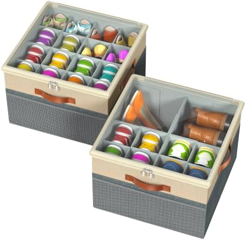 Shoe Organizer for Closet, 2 Pack Foldable Shoe Storage Organizer Box Bin with Adjustable Dividers and Clear Cover, Fits up to 16-32 Pairs（Grey&Beige） by FIKSG