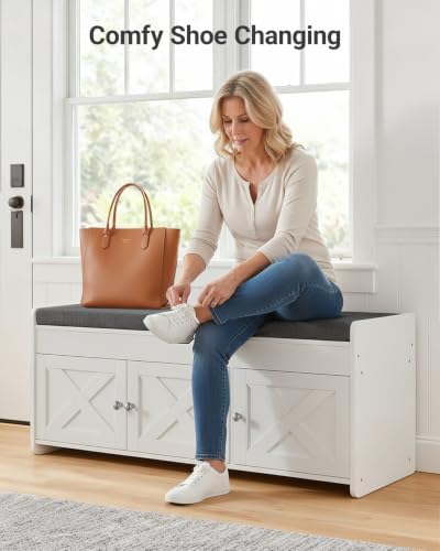 Amada 39.4" Shoe Storage Bench, Entryway Bench with Cushioned Seat, White - Image 6