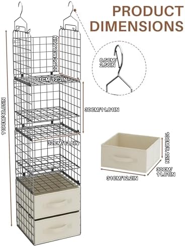 4 Tier Metal Hanging Closet Organizer with 2 Fabric Drawers - Image 3