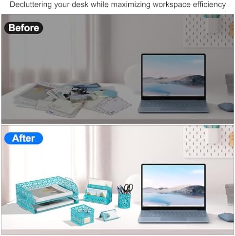 EasyPAG Desk Organizers and Accessories 5 Pieces Office Supplies Set - 2 Tier Paper Tray, Pencil Organizer for Desk, Mail Sorter Countertop, Business Card Holder and Sticky Note Holder, Dark Teal - Image 5