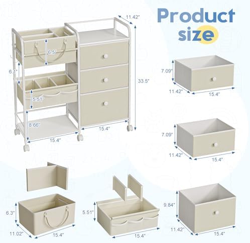Cidaziya 2In1 Baby Diaper Caddy Organizers and Storage, 3 Tier Rolling Cart with Dividers and Drawers, Mobile Utility Cart Baby Dresser Clothes Organizer for Changing Table, Crib Nursery, Bedroom - Image 2
