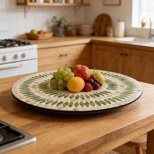 13.4" Mother of Pearl Lazy Susan, Table Centerpiece Round Shell Decorative Lazy Susan Turntable Rotating Tray Organizer for Cabinet Counter Gift Kitchen Office Cafe Home Decor (Dot Green) - Image 6