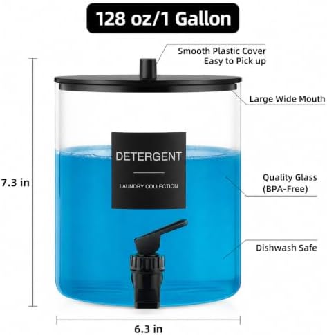 TIPGO 1 Gallon Glass Laundry Detergent Dispenser with Spigot, 128 oz Liquid Laundry Soap and Fabric Softener Container, Wide Mouth Detergent Holder with 6 Waterproof Labels (2 Pack) - Image 5
