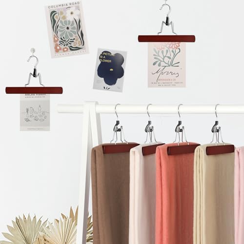 TOPIA HANGER 24 Pack Wooden Pants Hangers, Hair Extension Hangers Non Slip Skirt Hanger Wood Clamp with Velvet Padded 360° Swivel Hook for Jeans, Skirts, Trousers, Wigs Cherry CT68M - Image 4