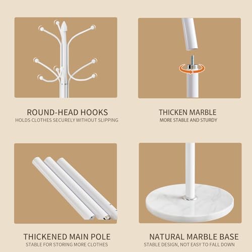 Metal Coat Rack Stand, Modern Freestanding Coat Rack with Natural Marble Base,White Coat Racks and Coat Hall Tree Hanger Stand with 12 Hooks for Entryway, Hallway, Office - Image 3