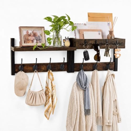 Wall Coat Rack with Shelf & Mail Organizer, Entryway Rustic Brown by LIONUNCLE