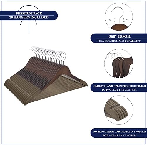Wooden Hangers - Non Slip Luxury Natural Lotus Wood & Velvet Suit & Pants Hangers - 360 Rotating Hooks - 20 Pack - Image 2