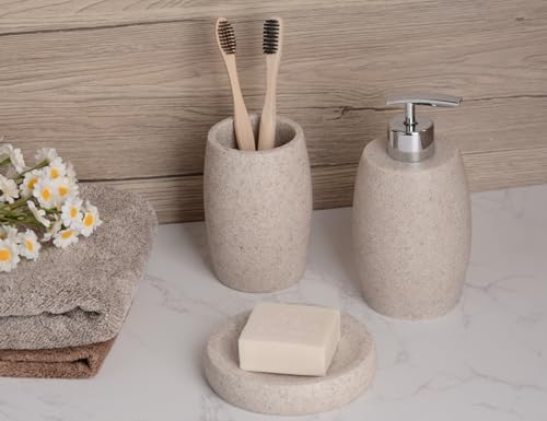 Clasin Home Beige Bathroom Accessories Set 3 PC, Resin Sandstone Look Soap Dispenser, Toothbrush Cup, Soap Dish, Bathroom Soap Dispenser Set for Home Decor and Kitchen - Image 4