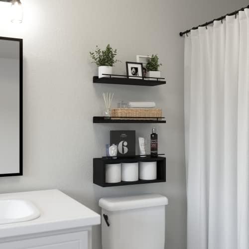 WOPITUES Floating Shelves for Wall with Cube Shelf, Wall Shelves with Metal Rail for Bathroom Decor, Bathroom Organizers and Storage, Over Toilet Shelves for Toilet Paper-Black - Image 2