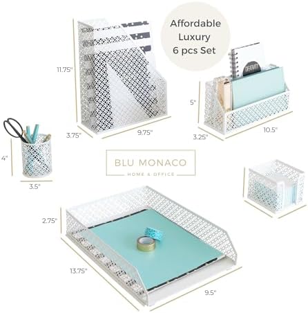 BLU MONACO | White Desk Organizer Set 6 Piece | Mail Sorter Organizer Countertop with Letter Sorter for Desk | Standing File Organizer for Desk with Pen Holders - Image 5