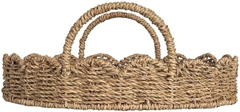Household Essentials Round Handwoven Seagrass Tray with Scalloped Edge and Handles, Natural - Image 4