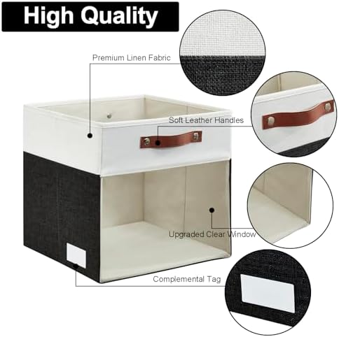 Bagnizer Storage Cubes, 4 Pack Linen Foldable Storage Bins (13 x 13 inch) with Clear Window and Handles, Fabric Organizer for Shelf Closet, Clothes, Books - (Black and White) - Image 4