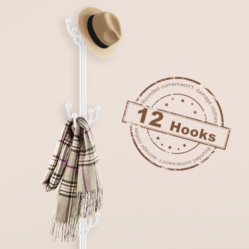 Coat Rack Freestanding, Coat Rack Stand with Umbrella Holder, Coat Tree, Coat Hanger Stand with 12 Hooks for Clothes Bag Hats, Used in Bedroom, Office, Living Room and Entryway-White - Image 4