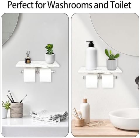 Toilet Paper Holder with Natural Marble Shelf for Bathroom Washroom,Wall Mounted Tissue Holder Suitable for Mega Roll (Brushed Nickel, Large 11.8 * 4.7) - Image 5
