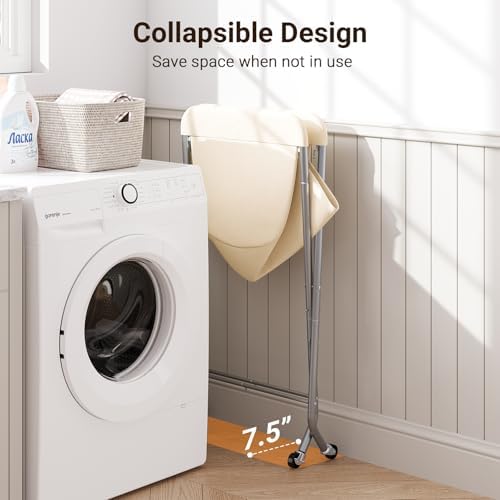 ELYKEN Laundry Basket with Wheels, Collapsible Laundry Hamper, Cream - Image 5