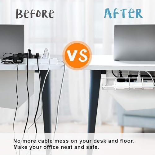 Under Desk Cable Management- 6 Pack Cord Organizer. Metal Wire Cable Management Tray for Office, Studio and Home. Super Sturdy Under Table Cable Managements - White Cable Organizer - Image 2