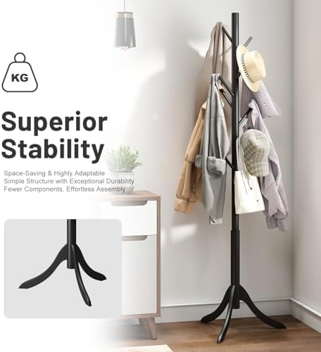 kiplant Black Coat Rack Stand, Bamboo Wood Freestanding Coat Tree with 8 Hooks, Hallway Entryway Hat Hanger Organizer Standing for Bedroom, Office, Clothes, Jackets, Bags, Umbrallas - Image 6