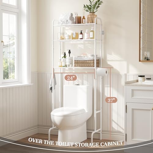 STDDRE 3-Tier Over The Toilet Storage Space Saver with Paper Holder Freestanding Rack Metal Bathroom Shelves with Hooks Above The Toilet Storage Shelf (White, 3 Tier) - Image 4