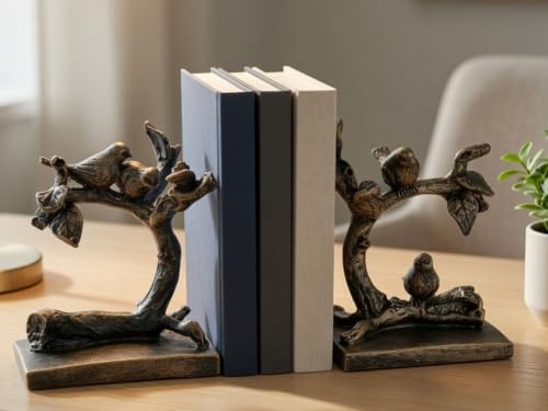 Bellaa Birds Bookends Vintage Decorative Book Ends for Farmhouse Retro Rustic Bookshelf Stoppers Antique Bronze Sparrow Lightweight 23446 - Image 2