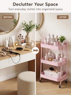Booklov Rolling Makeup Cart Organizer, 3 Tier Utility Storage Cart, Pink - Image 6