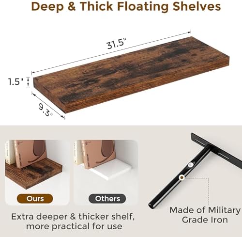 Fun Memories 32" W x 9.3" D Floating Shelves, Rustic Wood Deep Shelves for Bedroom, Kitchen, Living Room, Long Floating Shelf for Wall, Storage Display Wall Shelf for Books Decor, Rustic Brown - Image 3
