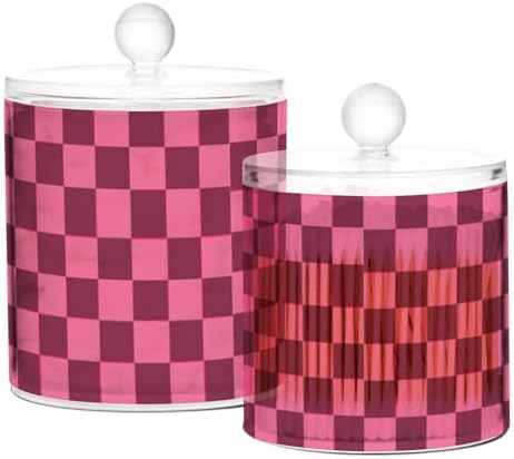 Checkered Hot Pink Qtip Holder Waterproof Dustproof Apothecary Jars with Lids For Bathroom Cotton Swabs Makeup Sponges Floss Picks Bath Salts 2 Pack - Image 2