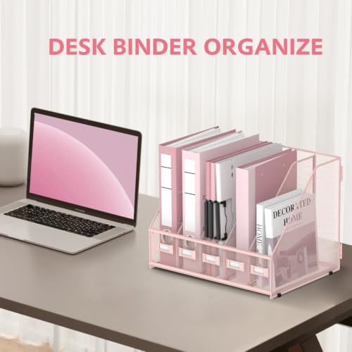 5 Vertical Compartments Magazine File Holder, Metal Binder Organizer, Pink - Image 6