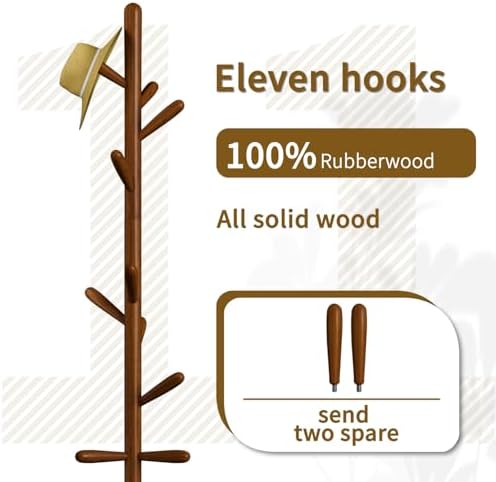 Solid Wood Coat Rack, Freestanding Tree-Shaped Coat Rack with 11 Hooks, Main Pole 1.6" dia for Clothes, Hat Stand Used in Bedroom/Office/Entryway (3-Leg Base, Brown) - Image 2