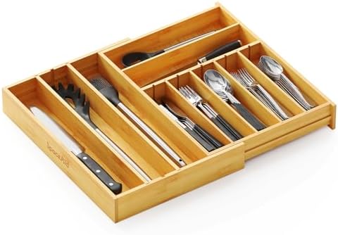 SpaceAid 2.5" High Bamboo Silverware Drawer Organizer with Labels, Kitchen Utensil Expandable Tray Holder for Flatware, Cutlery, Spoon and Knives Drawer Storage Organization (Natural) by SpaceAid