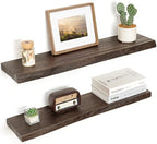 Floating Shelves for Wall Decor, Rustic Solid Elm Wood Live Edge Floating Shelves Wall Mounted, Wall Shelves with Invisible Bracket for Living Room Bathroom Bedroom Kitchen, 32 Inch Set of 2, Walnut by FLYJOE
