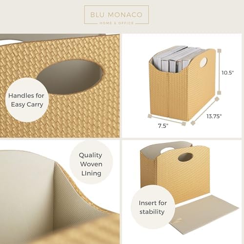 BLU MONACO | Gold Magazine Holder | Woven PVC Leather Organizer with MDF Frame | Floor or Table Storage for Home Office Bathroom | Large Capacity Vertical File Basket - Image 5