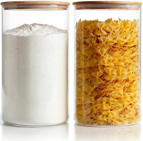 HomArtist Large Glass Flour and Sugar Containers 180oz x2 [Set of 2], Glass Food Storage Containers with Bamboo Lids, Glass Jar with Airtight Lids for Spaghetti Pasta,Rice,Cereal,Candy,Coffee, Oat by HomArtist