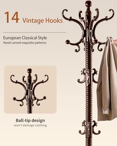 Wooden Coat Rack Freestanding, Solid Wood Coat Rack Stand with 14 Hooks, Vintage Heavy Duty Standing Coat, Sturdy Jacket Hanger Tree Stand for Corner, Office, Entryway - Image 2