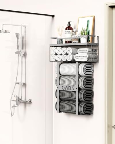Towel Racks for Bathroom Wall Mounted - Bath Wall Towel Holder Set Above Toilet Storage, Rolled Towel Shelf Organizer for Small Bathroom, Wood Vertical Towel Rack for Bathroom Wall Decor Grey - Image 7