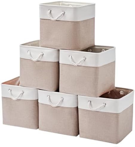 13 x 13 Inch Cube Storage Bins,Storage Cubes for Shelves，Foldable Organizer Boxes with Handles, Decorative Storage Basket for Organizing Clothes, Toys, Books(White&Beige) by ISEMINGLA