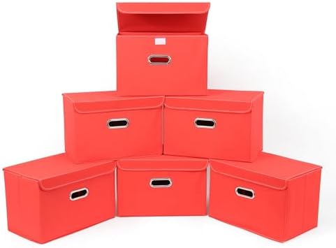STOREONE Fabric Storage Cube Bins Foldable Organizer Container Collapsible Basket with Lids and Metal Handles, for Home, Bedroom, Closet 6 Pcs (Red) by STOREONE
