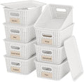 8 Pack Plastic Storage Baskets,White Stackable Bins with Lid by WRRLORS