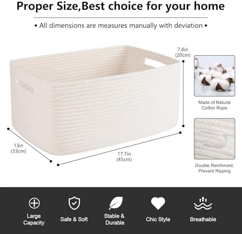 OIASKET Large Storage Basket for Organizing, Woven Rope Basket for Shelves, Closet Organizer Bins for Clothes, Blanket, Toys, Baby Nursery Storage, 17.7" x 13" x 7.87", 2 Packs White - Image 2