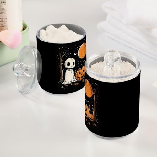 Fustylead 4 Pack Happy Halloween Skull Ghost Pumpkin on Black Background Plastic Apothecary Jar Set for Cotton Swab, Ball, Pad, Floss, Qtip Holder Dispensers for Bathroom Storage Organizer - Image 4
