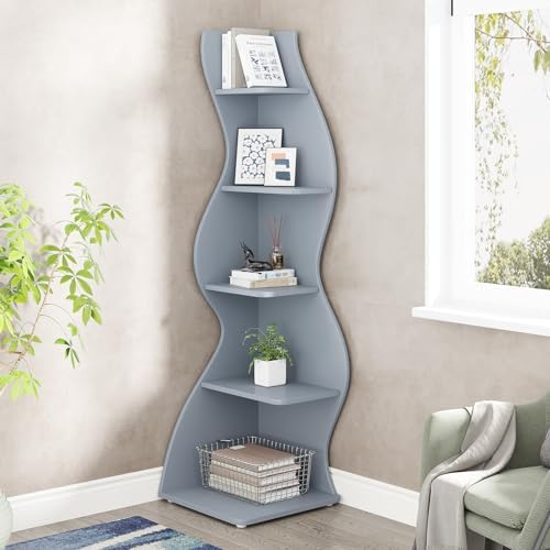 Tribesigns Corner Shelf, Modern 5-Tier Wall Corner Bookshelf, Stylish Corner Small Bookcase Storage Rack Plant Stand with Unique Shape for Living Room, Home Office (Blue, 2PCS) - Image 6