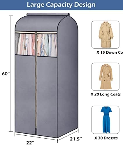 SLEEPING LAMB 60'' Hanging Garment Bags for Closet Storage Sealed Completely Jackets Coats Suits Clothes Rack Cover for Wardrobe with Clear PVC Window, 2 Packs, Grey (Hanging Rod Not Included) - Image 5