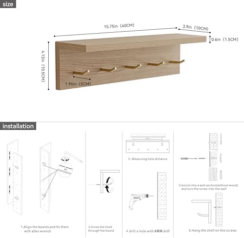 Marine Plywood Wall Mounted Coat Rack with Shelf & Key Hooks, 5 Brass Hooks Entryway Organizer, Modern Floating Shelf for Bedroom Hallway, Space-Saving Home Storage Rack (1, Oak Finish) - Image 5