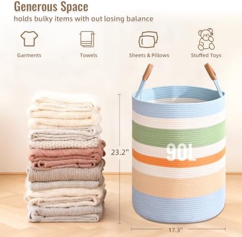 Large Laundry Basket, Laundry Hamper with Leather Handles, 90L Woven Dirty Clothes Hamper, Rope Hampers for Bedroom, Barthroom, Rainbow - Image 4
