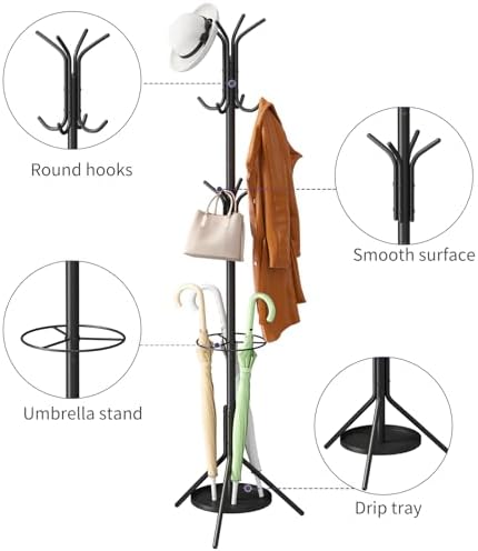 Coat Rack Freestanding,Entryway Hanger Stand,Umbrella Holder,Hall Tree With 12 Hooks, Floor Standing Metal Tree Stand,Black - Image 7