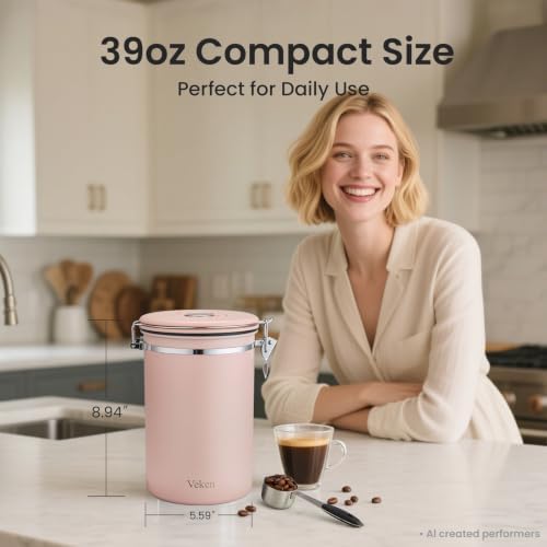 Veken Coffee Canister,39OZ, 2.2lbs,Large Airtight Stainless Steel Container - Image 2