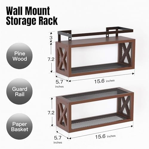 RICHER HOUSE Floating Wood Shelves with Guardrail, Rustic Brown, Wall Mounted, 2 Shelves, Farmhouse Style - Image 3