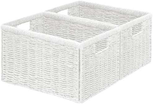 Vagusicc 2 Packs Large Wicker Storage Basket, Closet Storage Baskets Bins for Shelves, Decorative Collapsible Baskets for Organizing Clothes Toy Nursery Bathroom Organizers and Storage, White by Vagusicc